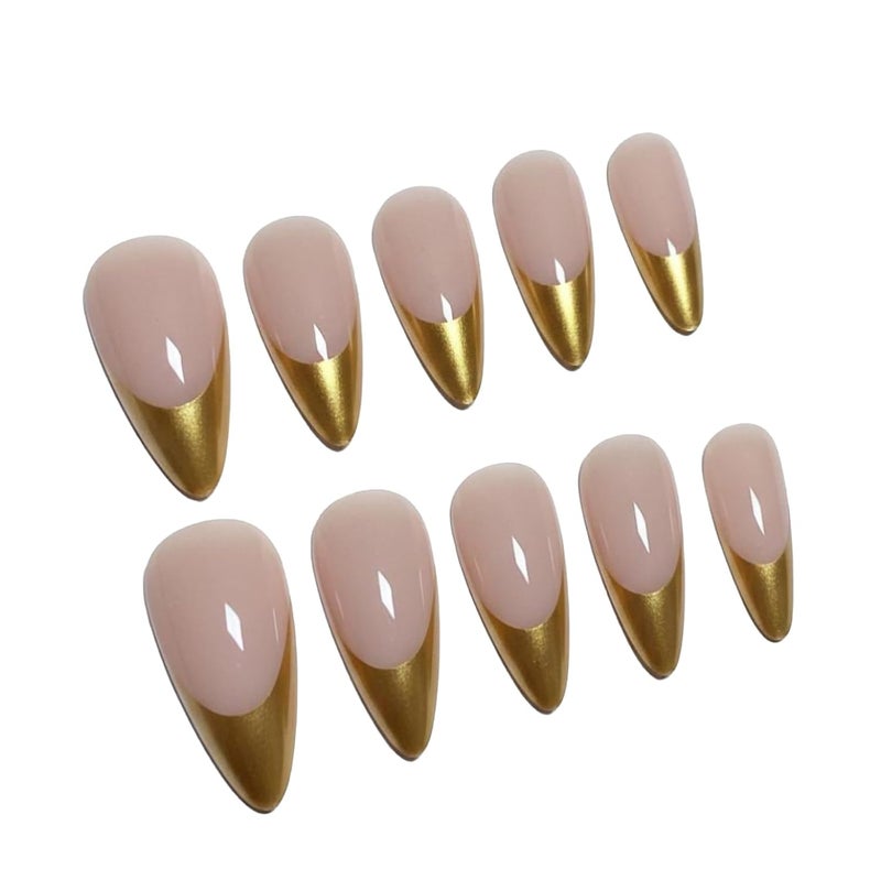 SINHOT Gold French Tip Press On Nails - Long Stiletto Fake Nails, Glossy Finish, Natural Daily Nails, DIY Artificial False Nail Art - 24 Pcs Nail Kit with Glue - Image 4